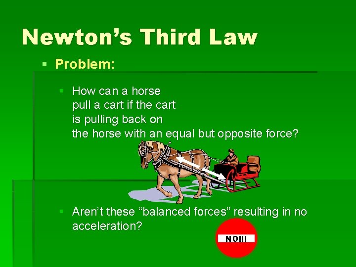 Newton’s Third Law § Problem: § How can a horse pull a cart if