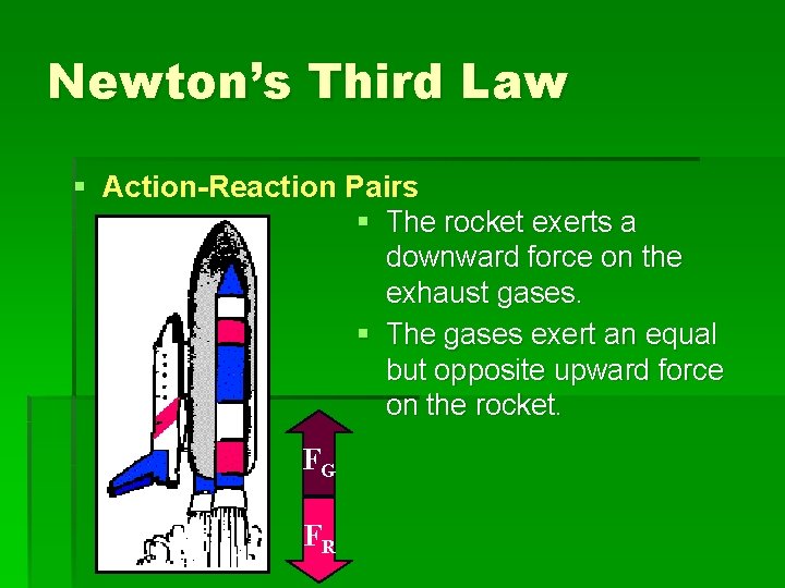 Newton’s Third Law § Action-Reaction Pairs § The rocket exerts a downward force on