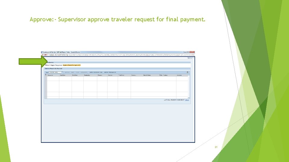 Approve: - Supervisor approve traveler request for final payment. 21 Approve: - Supervisor approve traveler request for final payment. 21