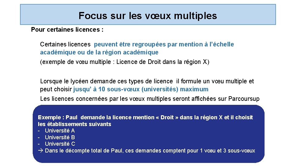 Focus sur les vœux multiples Pour certaines licences : Certaines licences peuvent être regroupées