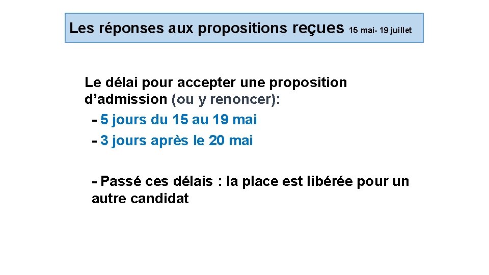 Les réponses aux propositions reçues 15 mai- 19 juillet Le délai pour accepter une