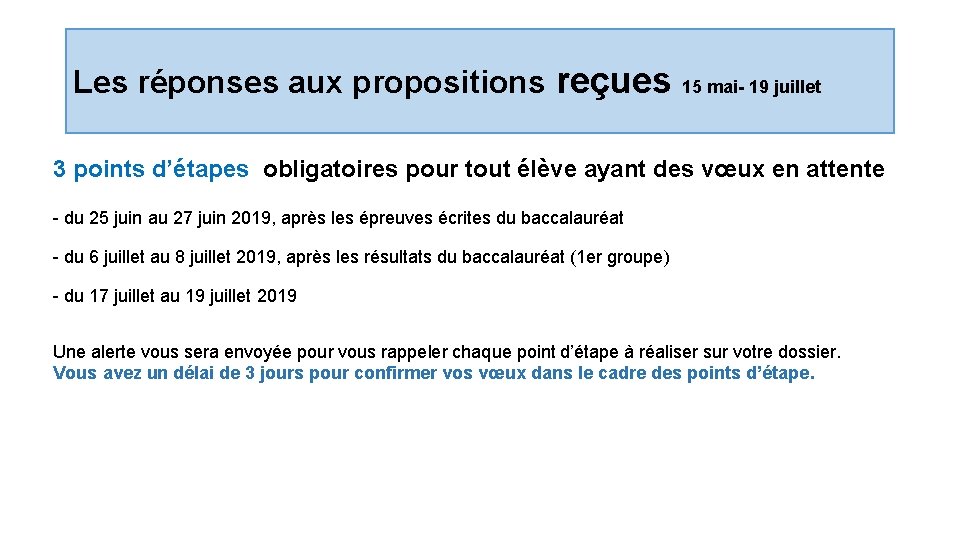 Les réponses aux propositions reçues 15 mai- 19 juillet 3 points d’étapes obligatoires pour