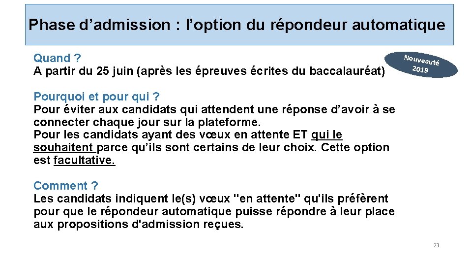 Phase d’admission : l’option du répondeur automatique Quand ? A partir du 25 juin