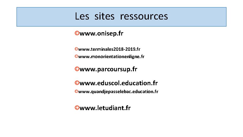 Les sites ressources www. onisep. fr www. terminales 2018 -2019. fr www. monorientationenligne. fr