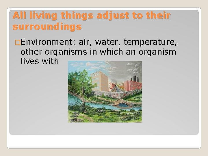 All living things adjust to their surroundings �Environment: air, water, temperature, other organisms in