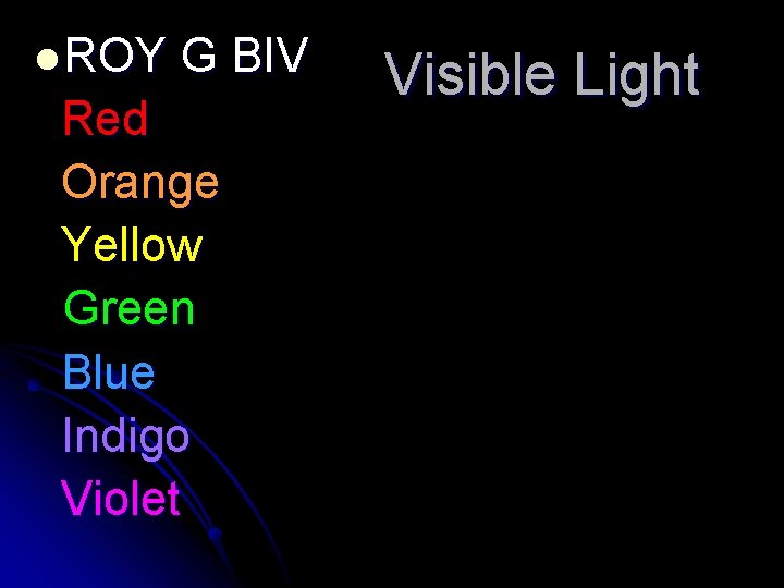 l ROY G BIV Red Orange Yellow Green Blue Indigo Violet Visible Light 