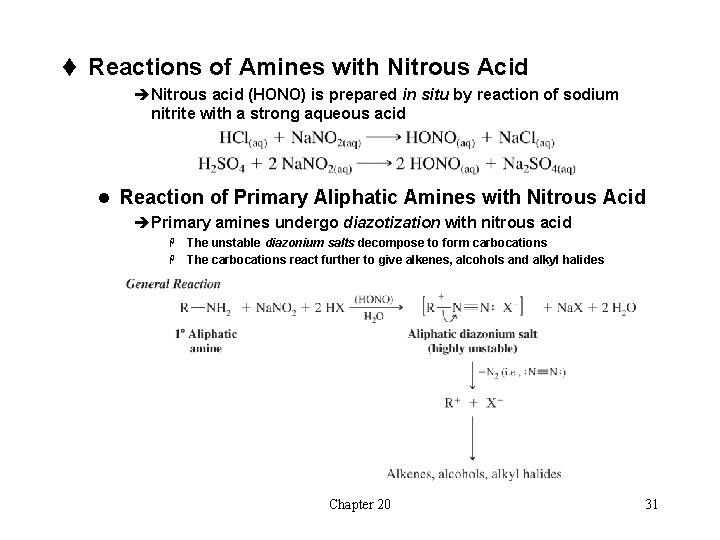 t Reactions of Amines with Nitrous Acid èNitrous acid (HONO) is prepared in situ