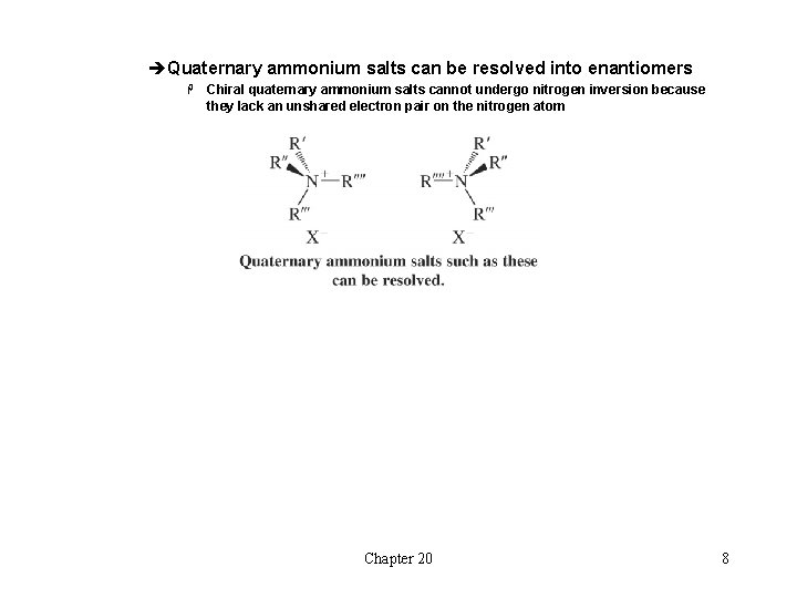 èQuaternary ammonium salts can be resolved into enantiomers H Chiral quaternary ammonium salts cannot