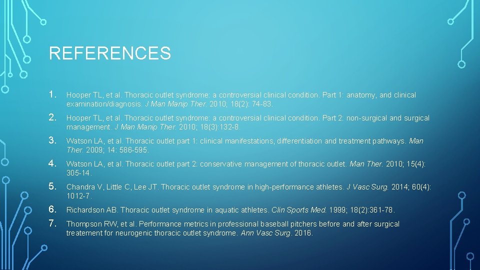 REFERENCES 1. Hooper TL, et al. Thoracic outlet syndrome: a controversial clinical condition. Part