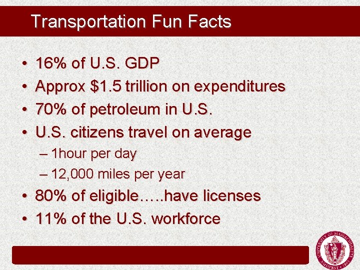 Transportation Fun Facts • • 16% of U. S. GDP Approx $1. 5 trillion Transportation Fun Facts • • 16% of U. S. GDP Approx $1. 5 trillion