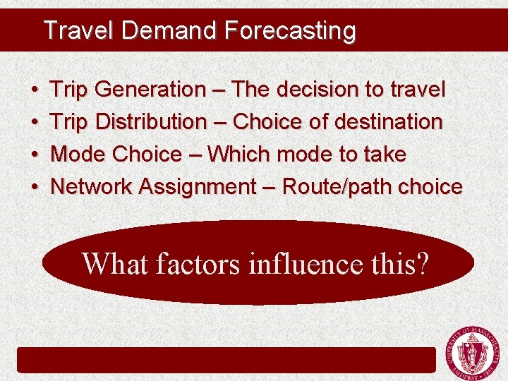 Travel Demand Forecasting • • Trip Generation – The decision to travel Trip Distribution Travel Demand Forecasting • • Trip Generation – The decision to travel Trip Distribution