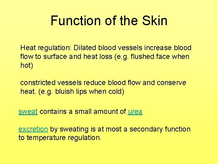Function of the Skin Heat regulation: Dilated blood vessels increase blood flow to surface