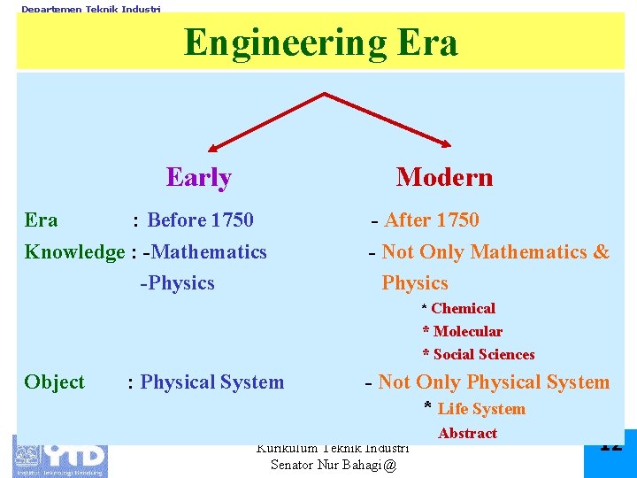 Departemen Teknik Industri Engineering Era Early Era Modern : Before 1750 - After 1750