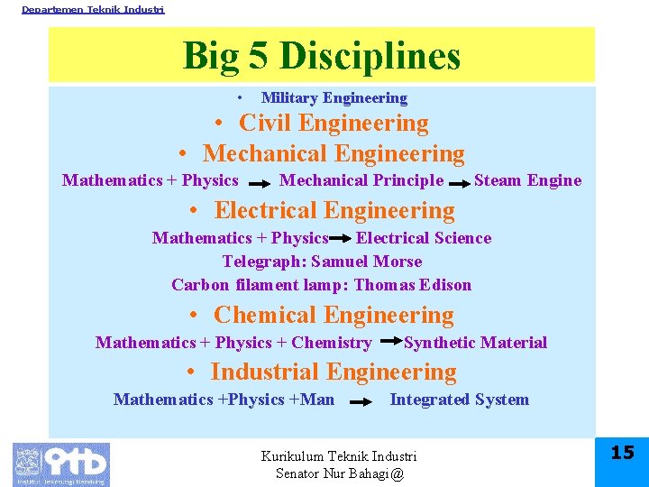 Departemen Teknik Industri Big 5 Disciplines • Military Engineering • Civil Engineering • Mechanical