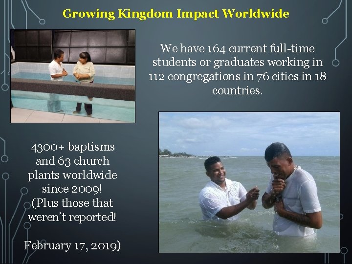 Growing Kingdom Impact Worldwide We have 164 current full-time students or graduates working in