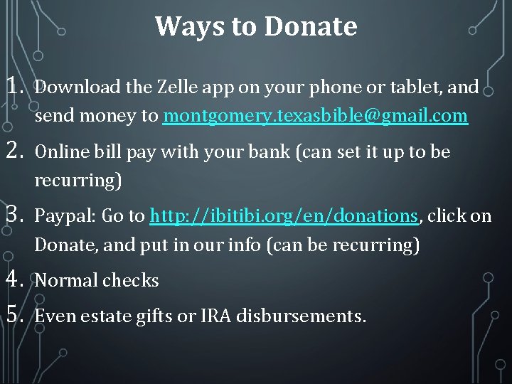 Ways to Donate 1. Download the Zelle app on your phone or tablet, and