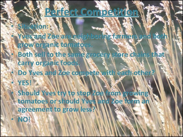 Perfect Competition • Situation: • Yves and Zoe are neighboring farmers and both grow