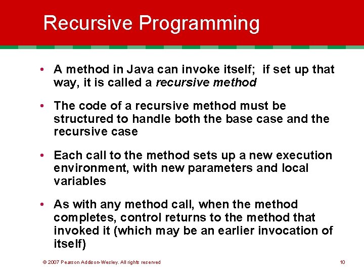 Recursive Programming • A method in Java can invoke itself; if set up that Recursive Programming • A method in Java can invoke itself; if set up that