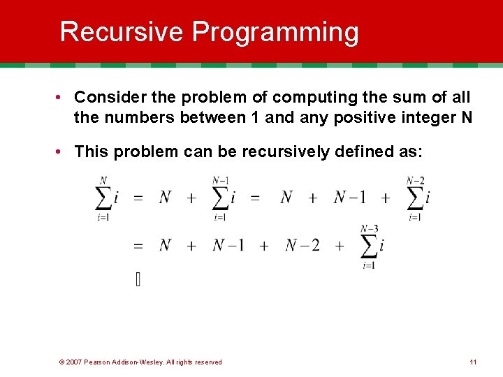 Recursive Programming • Consider the problem of computing the sum of all the numbers Recursive Programming • Consider the problem of computing the sum of all the numbers