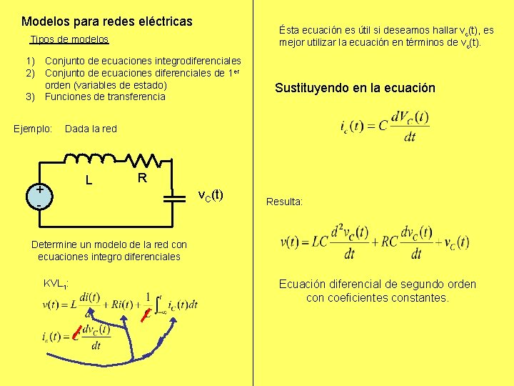 Modelos para redes eléctricas Ésta ecuación es útil si deseamos hallar vc(t), es mejor Modelos para redes eléctricas Ésta ecuación es útil si deseamos hallar vc(t), es mejor