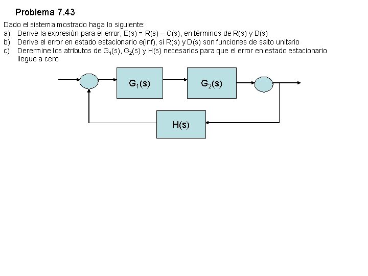 Problema 7. 43 Dado el sistema mostrado haga lo siguiente: a) Derive la expresión Problema 7. 43 Dado el sistema mostrado haga lo siguiente: a) Derive la expresión