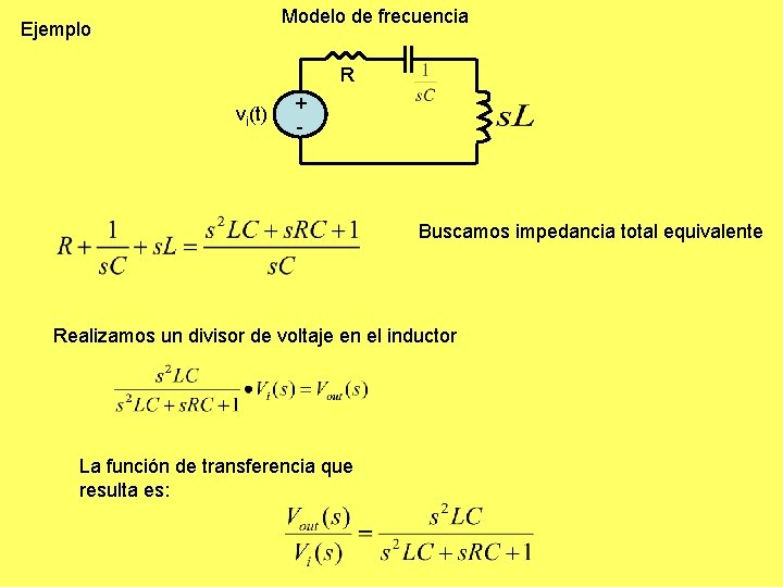 Modelo de frecuencia Ejemplo R vi(t) + - Buscamos impedancia total equivalente Realizamos un Modelo de frecuencia Ejemplo R vi(t) + - Buscamos impedancia total equivalente Realizamos un
