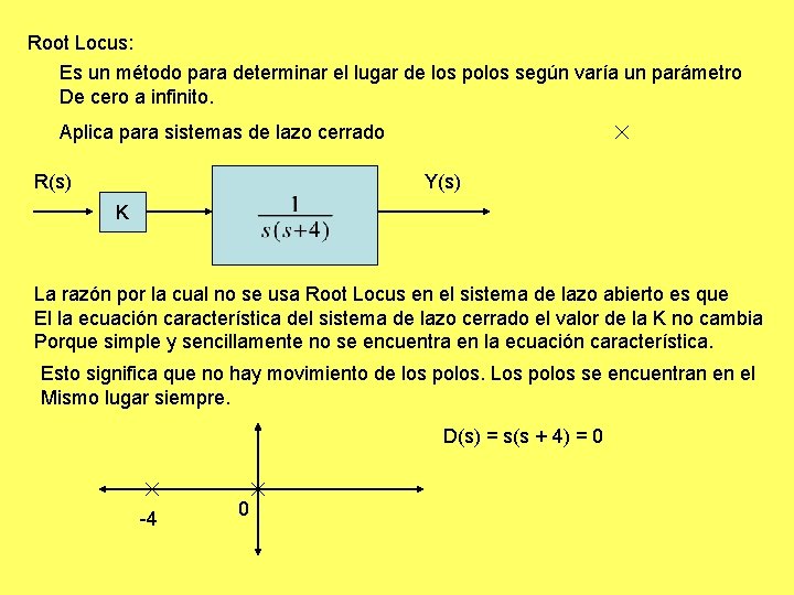 Root Locus: Es un método para determinar el lugar de los polos según varía Root Locus: Es un método para determinar el lugar de los polos según varía
