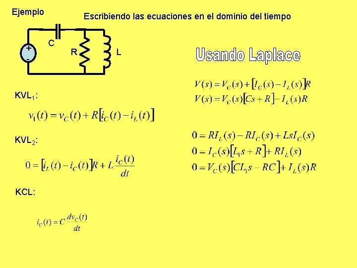 Ejemplo + - KVL 1: KVL 2: KCL: Escribiendo las ecuaciones en el dominio Ejemplo + - KVL 1: KVL 2: KCL: Escribiendo las ecuaciones en el dominio