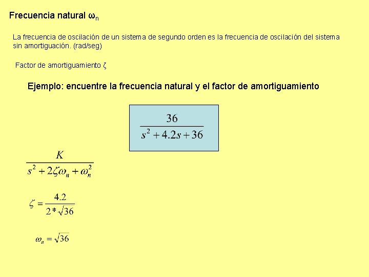 Frecuencia natural ωn La frecuencia de oscilación de un sistema de segundo orden es Frecuencia natural ωn La frecuencia de oscilación de un sistema de segundo orden es