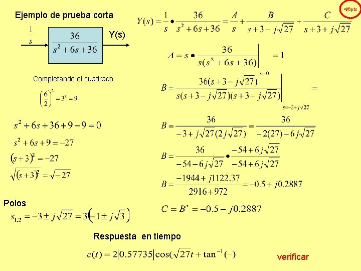 4/6 pts Ejemplo de prueba corta Y(s) Completando el cuadrado Polos Respuesta en tiempo 4/6 pts Ejemplo de prueba corta Y(s) Completando el cuadrado Polos Respuesta en tiempo