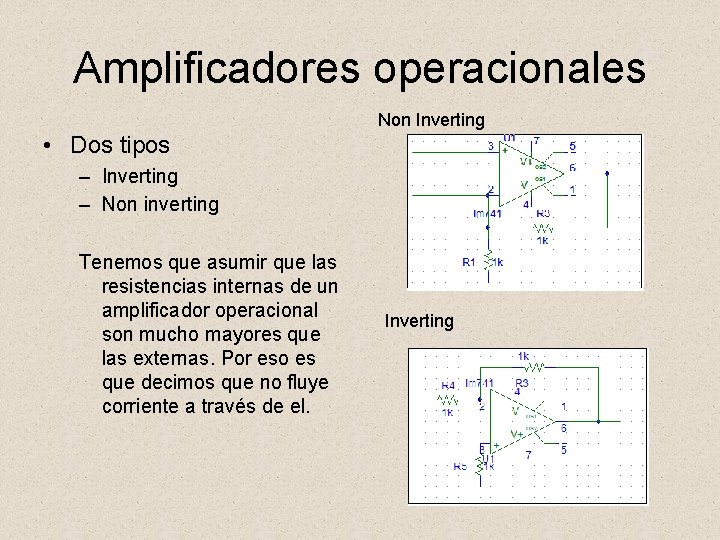 Amplificadores operacionales Non Inverting • Dos tipos – Inverting – Non inverting Tenemos que Amplificadores operacionales Non Inverting • Dos tipos – Inverting – Non inverting Tenemos que