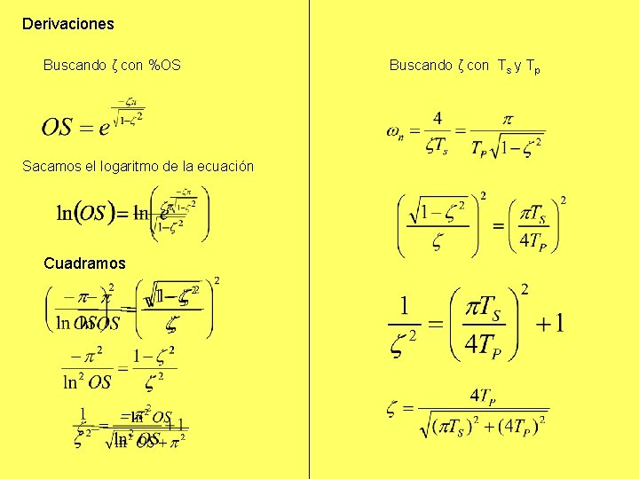Derivaciones Buscando ζ con %OS Sacamos el logaritmo de la ecuación Cuadramos Buscando ζ Derivaciones Buscando ζ con %OS Sacamos el logaritmo de la ecuación Cuadramos Buscando ζ