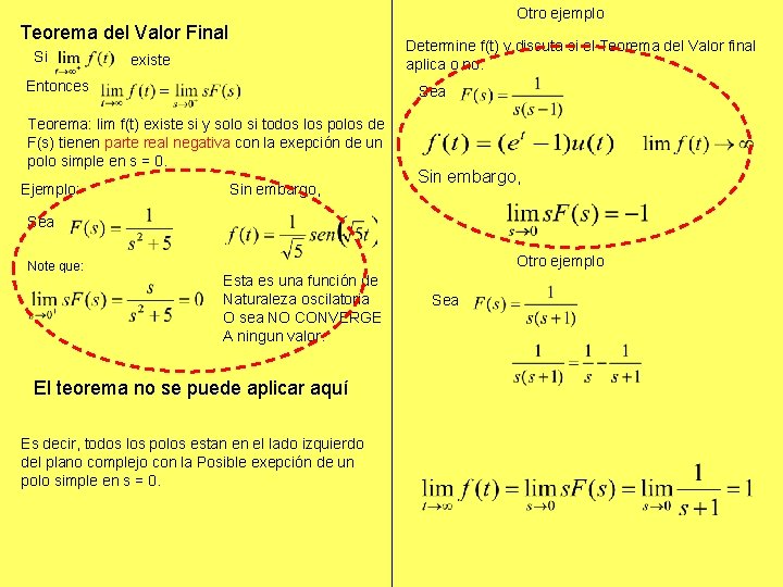 Otro ejemplo Teorema del Valor Final Si Determine f(t) y discuta si el Teorema Otro ejemplo Teorema del Valor Final Si Determine f(t) y discuta si el Teorema