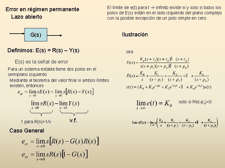 Error en régimen permanente Lazo abierto El límite de e(t) para t infinito existe Error en régimen permanente Lazo abierto El límite de e(t) para t infinito existe