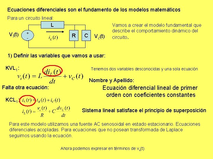 Ecuaciones diferenciales son el fundamento de los modelos matemáticos Para un circuito lineal: L Ecuaciones diferenciales son el fundamento de los modelos matemáticos Para un circuito lineal: L