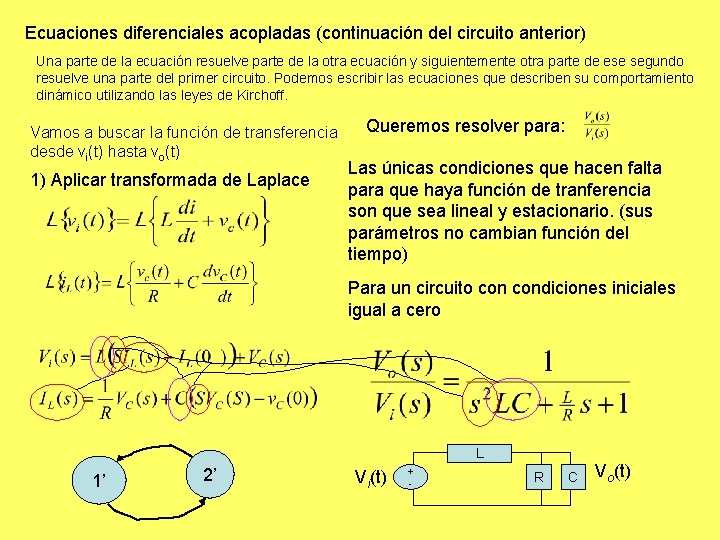 Ecuaciones diferenciales acopladas (continuación del circuito anterior) Una parte de la ecuación resuelve parte Ecuaciones diferenciales acopladas (continuación del circuito anterior) Una parte de la ecuación resuelve parte