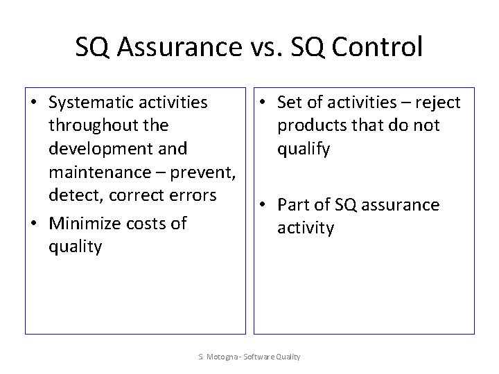 SQ Assurance vs. SQ Control • Systematic activities throughout the development and maintenance –