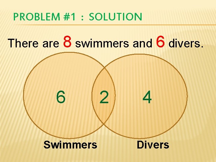 PROBLEM #1 : SOLUTION There are 8 swimmers and 6 divers. 6 Swimmers 2