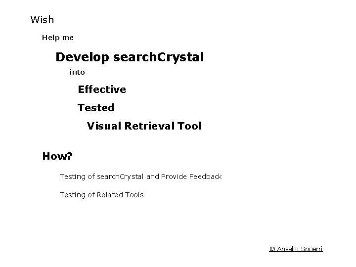 Wish Help me Develop search. Crystal into Effective Tested Visual Retrieval Tool How? Testing