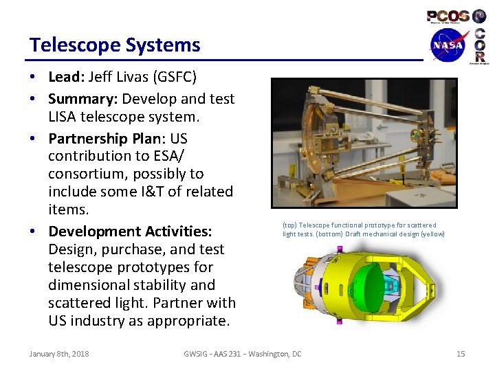 Telescope Systems • Lead: Jeff Livas (GSFC) • Summary: Develop and test LISA telescope