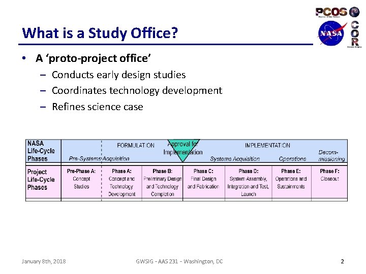 What is a Study Office? • A ‘proto-project office’ – Conducts early design studies