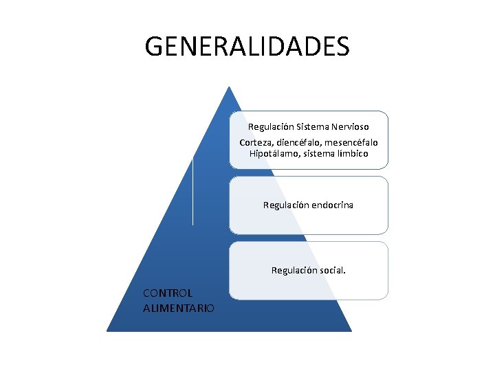 GENERALIDADES Regulación Sistema Nervioso Corteza, diencéfalo, mesencéfalo Hipotálamo, sistema límbico Regulación endocrina Regulación social.