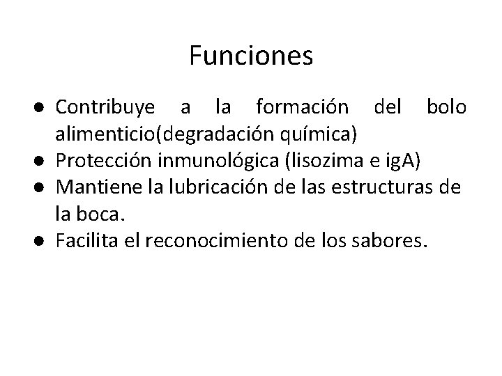 Funciones ● Contribuye a la formación del bolo alimenticio(degradación química) ● Protección inmunológica (lisozima