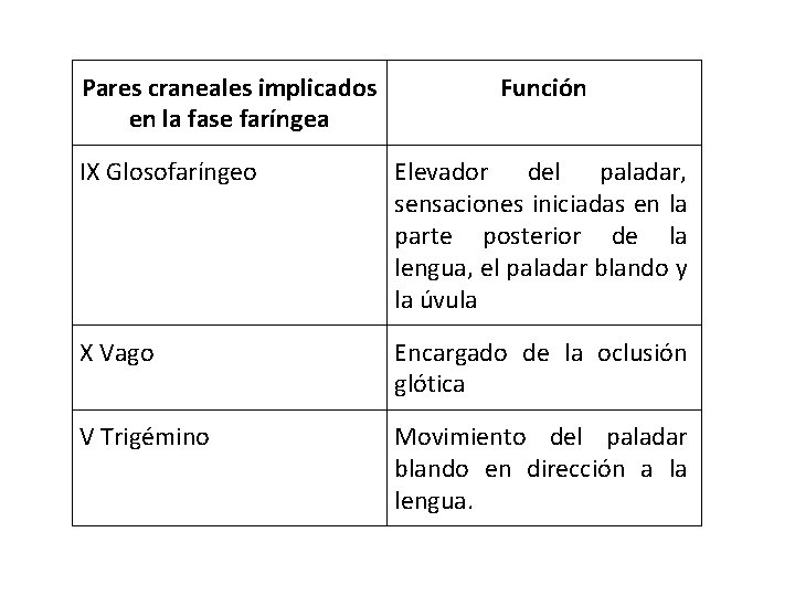 Pares craneales implicados en la fase faríngea Función IX Glosofaríngeo Elevador del paladar, sensaciones