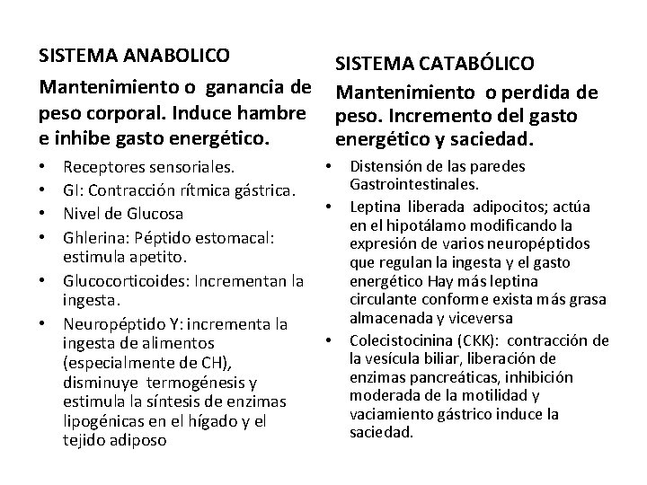 SISTEMA ANABOLICO Mantenimiento o ganancia de peso corporal. Induce hambre e inhibe gasto energético.