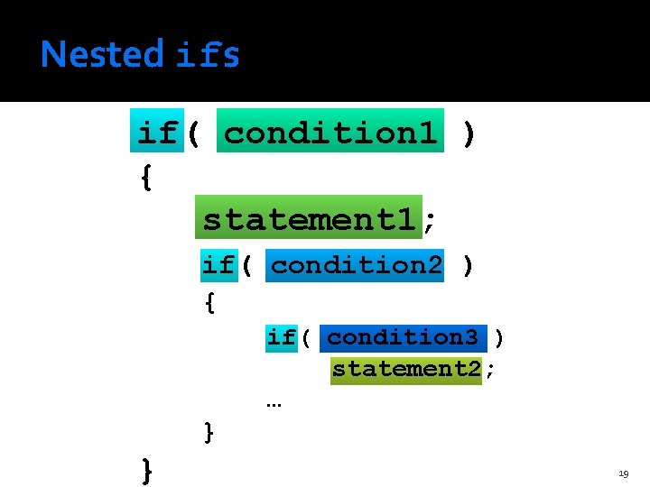 Nested ifs if( condition 1 ) { statement 1; if( condition 2 ) {