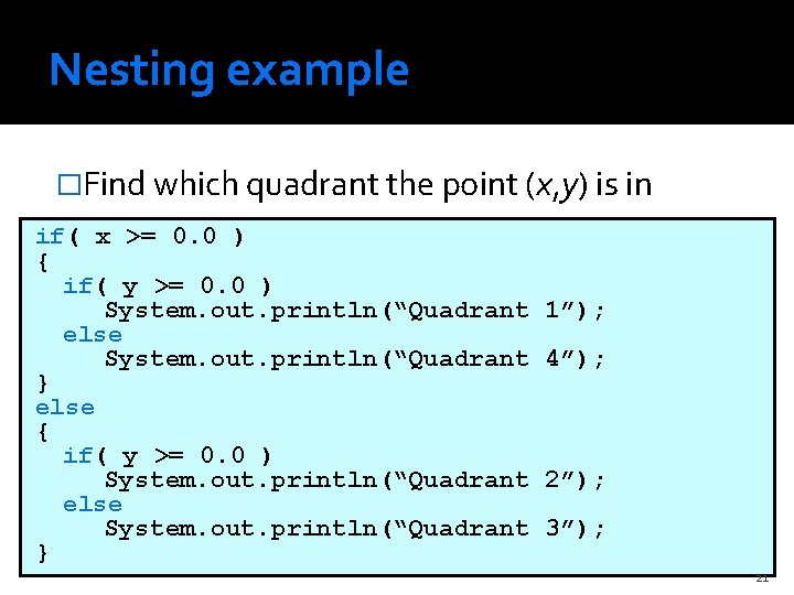 Nesting example �Find which quadrant the point (x, y) is in if( x >=