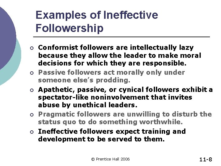 Examples of Ineffective Followership ¡ ¡ ¡ Conformist followers are intellectually lazy because they