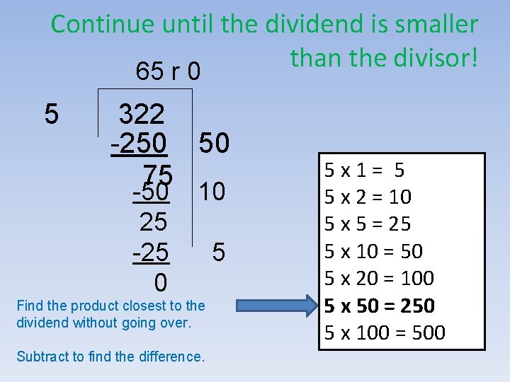 Continue until the dividend is smaller than the divisor! 65 r 0 5 322