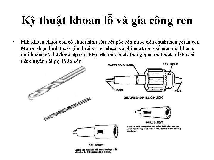 Kỹ thuật khoan lỗ và gia công ren • Mũi khoan chuôi côn có